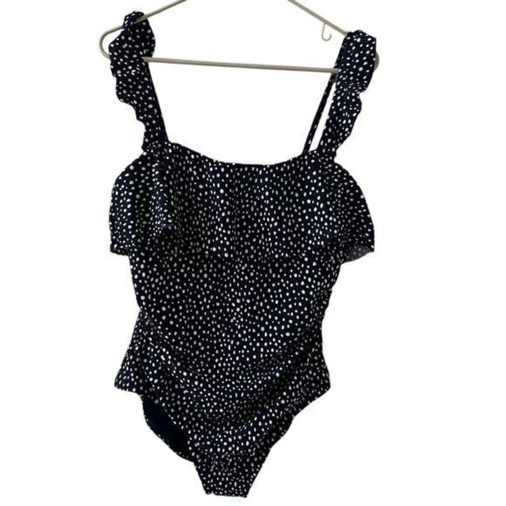 Kona Sol Navy Blue Polka Dot Ruffle One Piece Bathing Suit NWT L 12-14